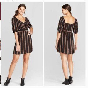 Xhilaration Tie Front Fall Striped Mini Dress (L)